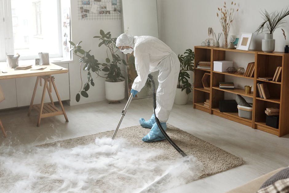 A professional cleaner dressed in white protective clothing, including a full-body suit, gloves, and a face mask, is performing deep surface cleaning on a beige carpet in a living room. The cleaner is